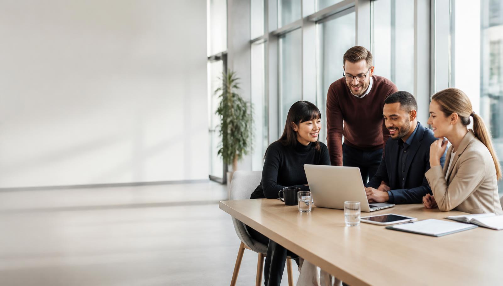 Directivos europeos saludando a trabajadores internacionales en una sala de reuniones acristalada.