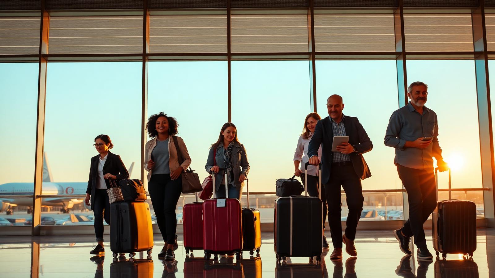 Viajeros internacionales con maletas en la terminal de un aeropuerto al atardecer.